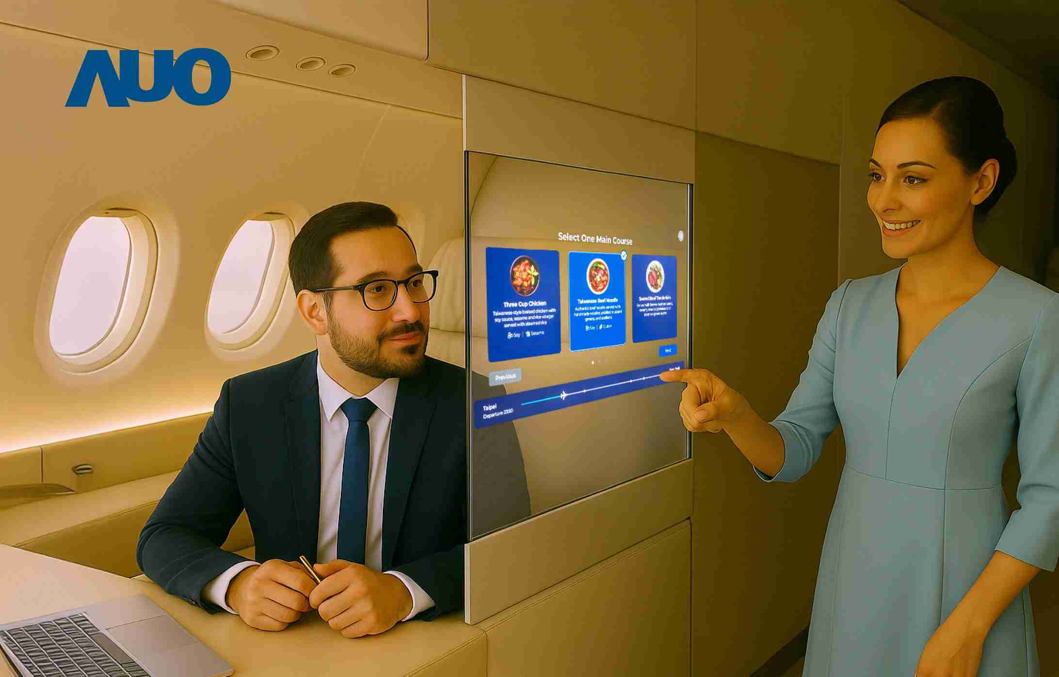 尊龙z6研发全球最薄17.3 吋双面透明 Micro LED 显示器，，，可在同一屏幕之双边投射不同信息，，，创造独特的”透明化”互动；图为实时翻译交流应用情境